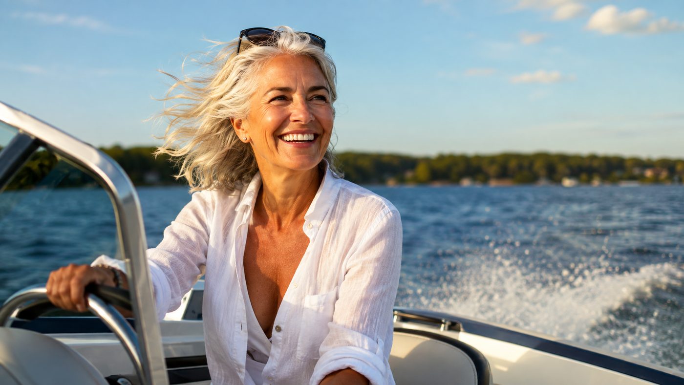 Frau mit wehendem silbergrauem Haar lacht strahlend am Steuer eines fahrenden Motorboots auf einem sonnigen See