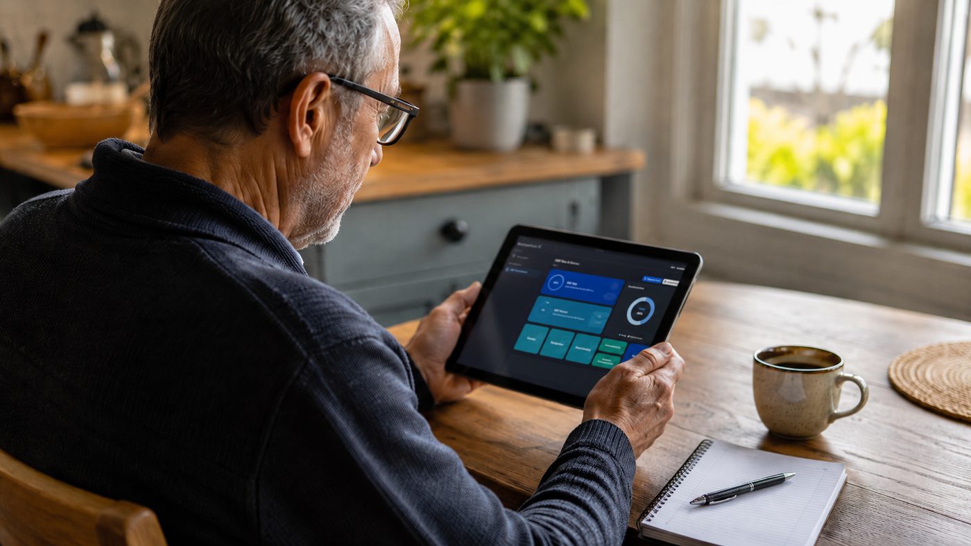 Mann Mitte 60 lernt entspannt am Küchentisch mit einem Tablet, daneben Kaffee und Notizblock